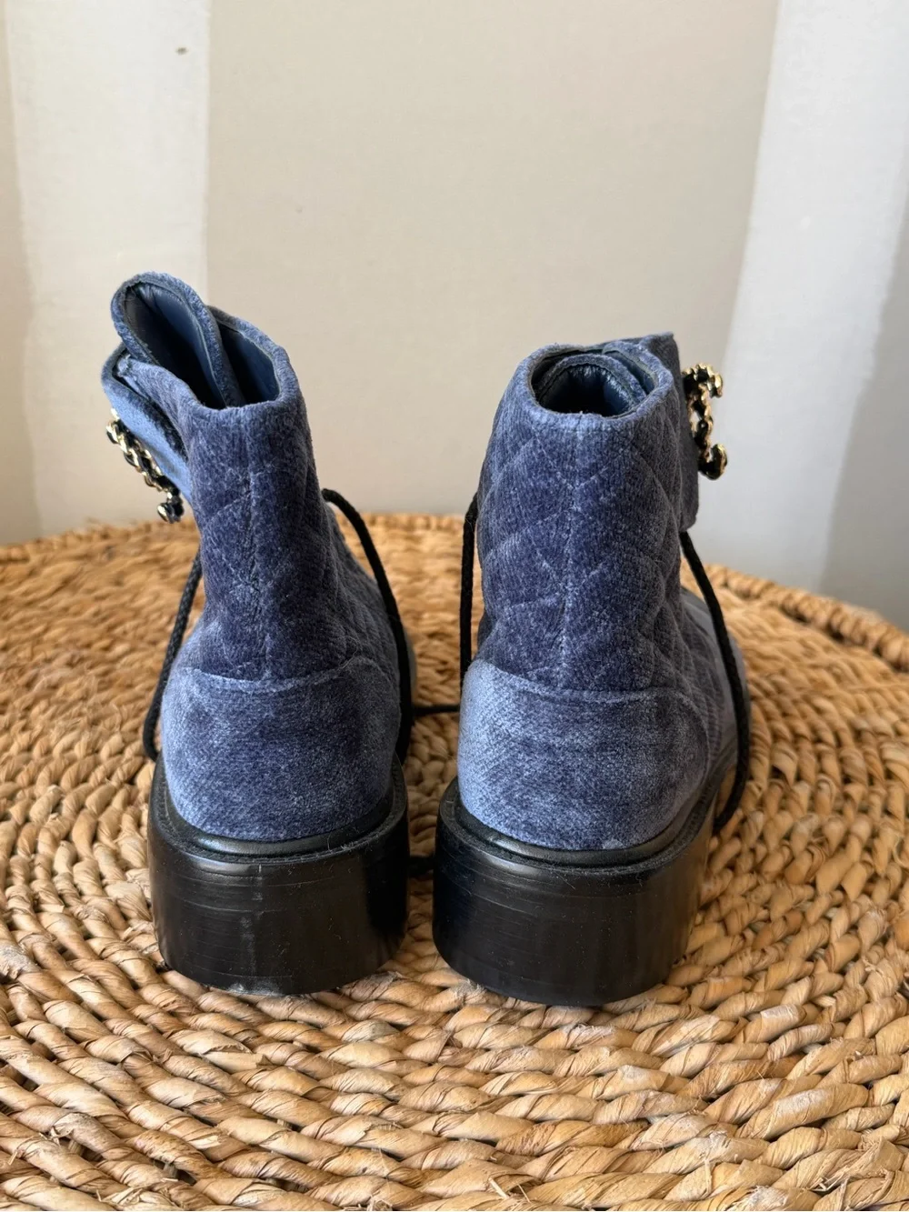 CHANEL Navy Quilted Denim Lace-Up Ankle Boots with Gold Chain CC